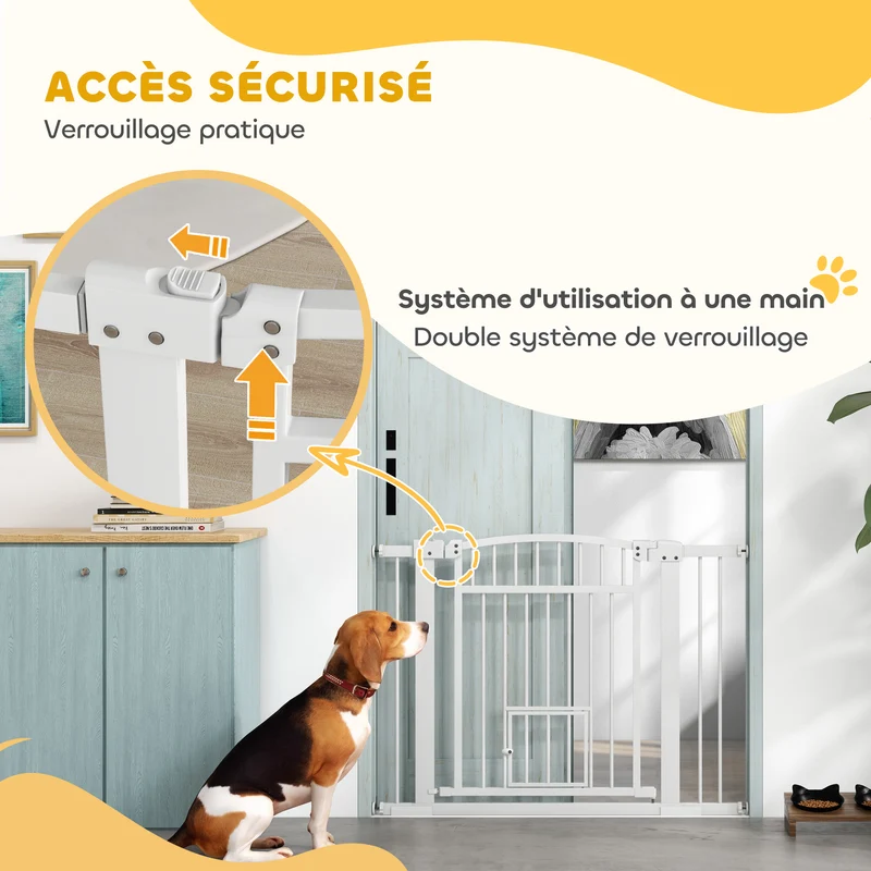 Barrière de sécurité chien portillon 76-104 x 77 cm double verrouillage utilisation à une main épuré en acier blanc 21_0007468