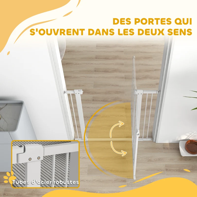 Barrière de sécurité chien portillon 76-104 x 77 cm double verrouillage utilisation à une main épuré en acier blanc 21_0007468