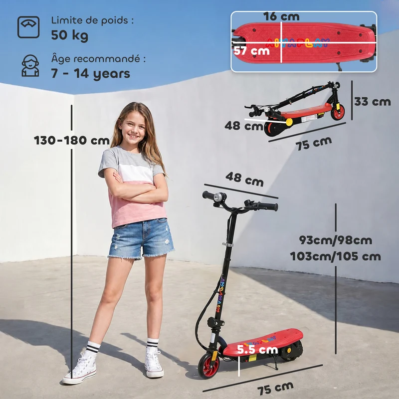 Trottinette électrique enfant pliable 75 x 48 x 105 cm guidon réglable autonomie 10 km moderne tendance en métal rouge 21_0006951