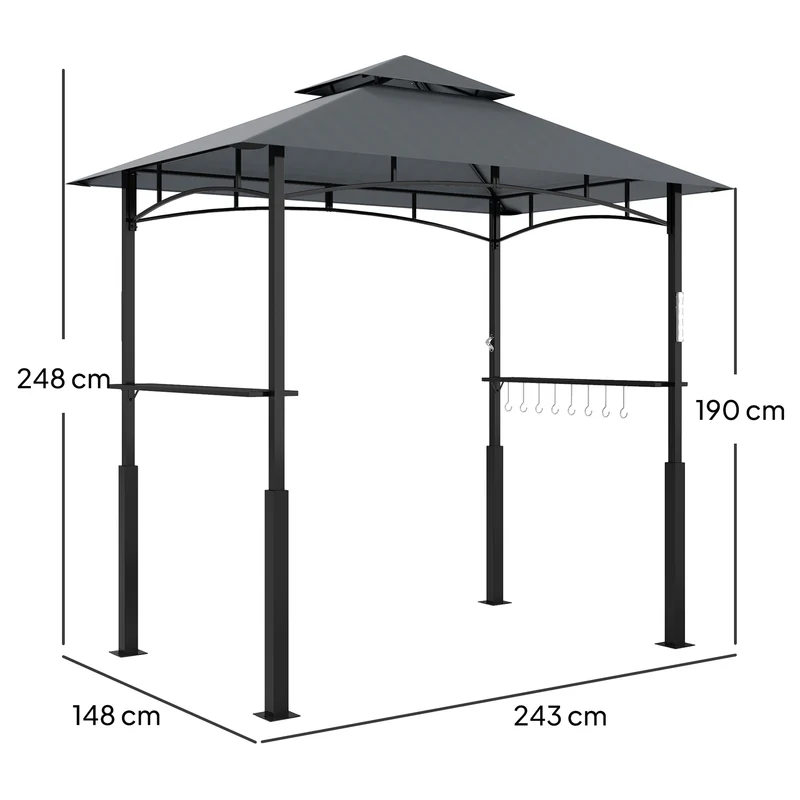Tonnelle de barbecue pour jardin double toit 243 x 148 x 248 cm étagères crochets contemporain et en métal gris foncé 21_0004876