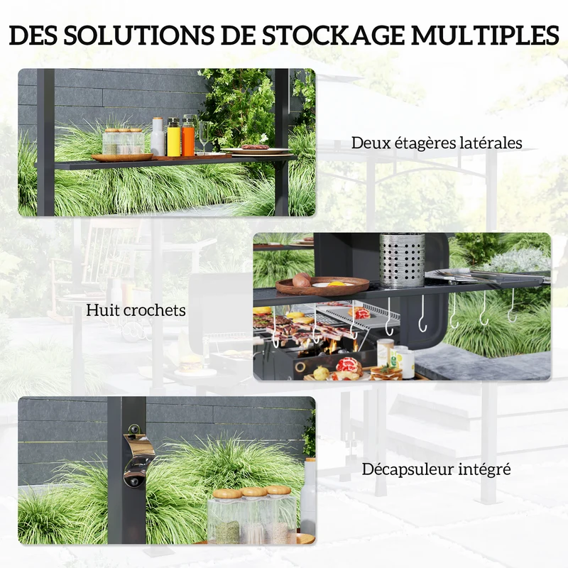 Tonnelle de barbecue pour jardin double toit 243 x 148 x 248 cm étagères crochets contemporain et en métal gris foncé 21_0004876