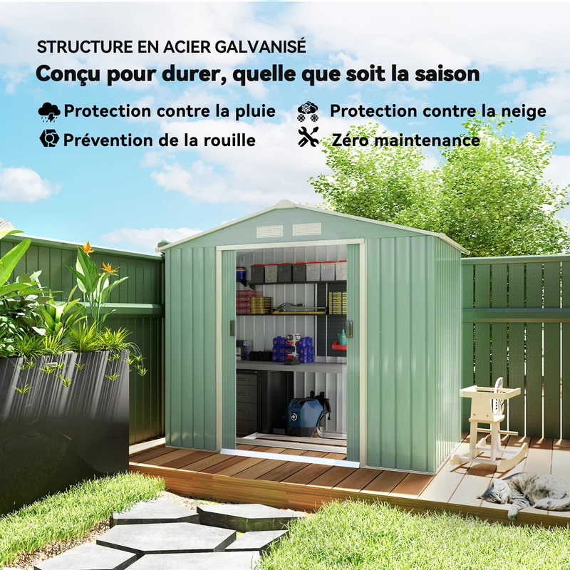 Abri de jardin remise outils 213 x 130 x 185 cm rangement ventilé porte coulissante style moderne en acier vert clair 21_0004031