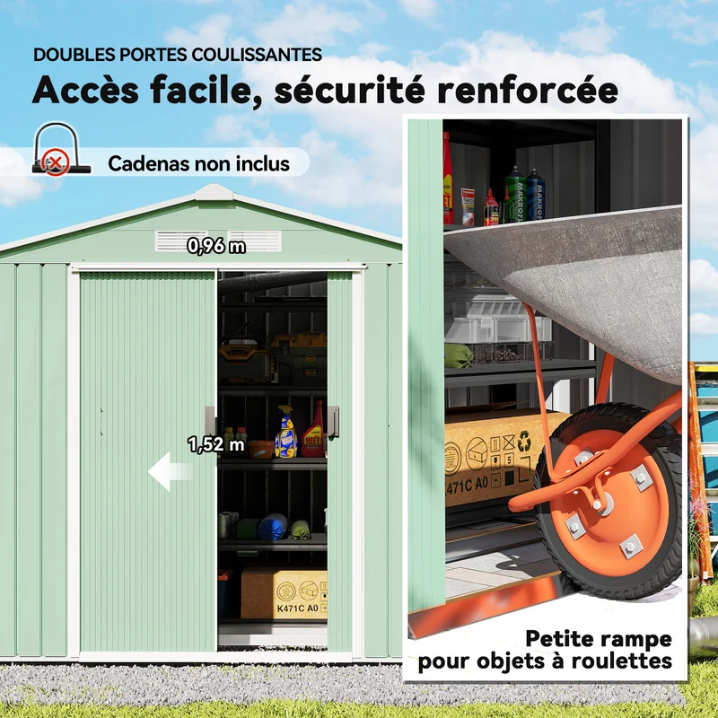 Abri de jardin remise outils 213 x 130 x 185 cm rangement ventilé porte coulissante style moderne en acier vert clair 21_0004031