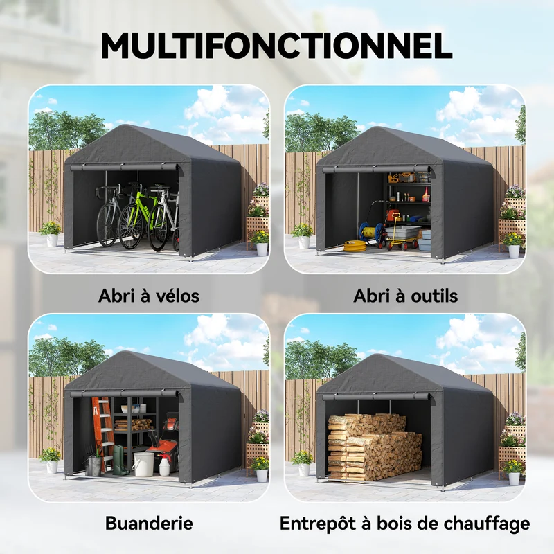 Abri de jardin rangement vélo 200 x 238 x 183 cm étanche porte zippée structure galvanisée design en métal gris foncé 21_0005619