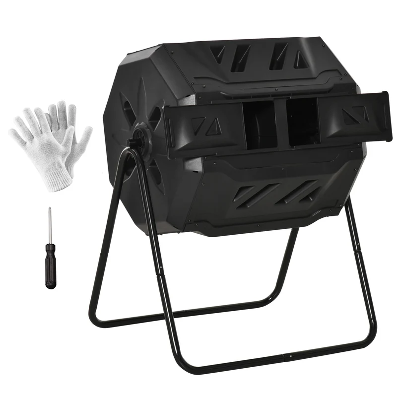 Composteur de jardin rotatif rapide 71 x 64 x 96 cm double chambre 160 l 16 évents surélevé moderne épuré en PP noir 21_0004199