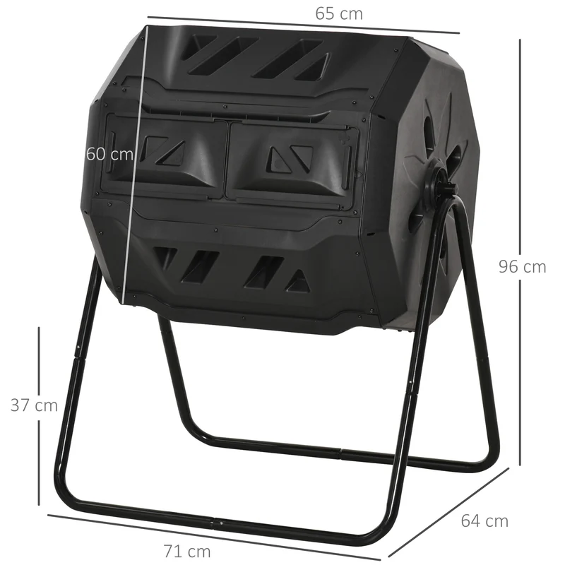 Composteur de jardin rotatif rapide 71 x 64 x 96 cm double chambre 160 l 16 évents surélevé moderne épuré en PP noir 21_0004199