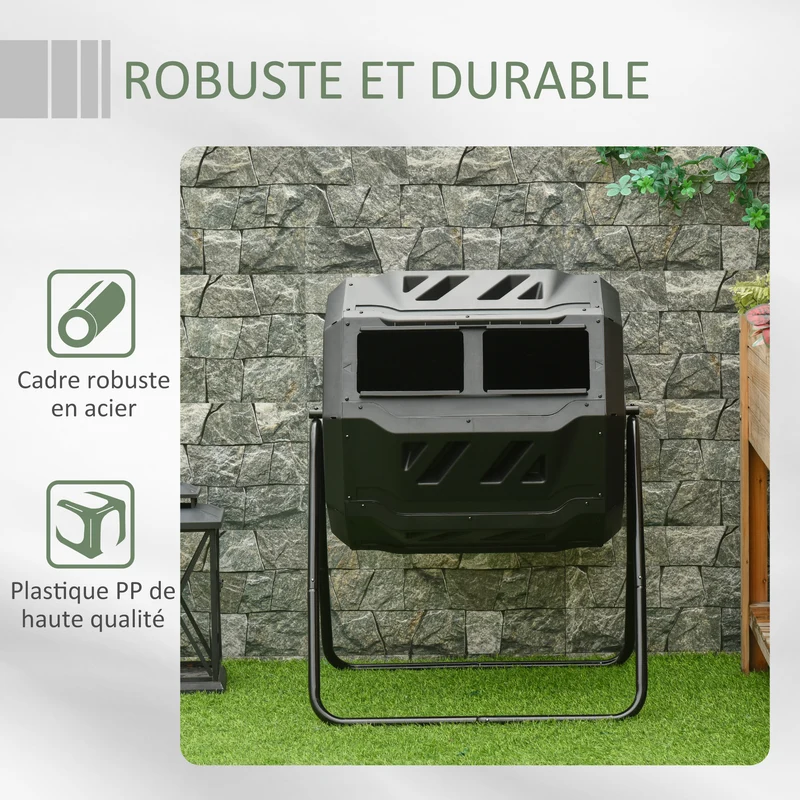 Composteur de jardin rotatif rapide 71 x 64 x 96 cm double chambre 160 l 16 évents surélevé moderne épuré en PP noir 21_0004199
