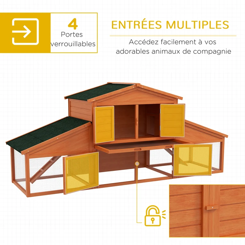 Clapier pour lapins 225 x 70 x 100 cm deux étages spacieux toit étanche rustique ambiance cosy jardin en bois orange 21_0007875
