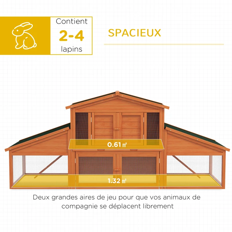 Clapier pour lapins 225 x 70 x 100 cm deux étages spacieux toit étanche rustique ambiance cosy jardin en bois orange 21_0007875