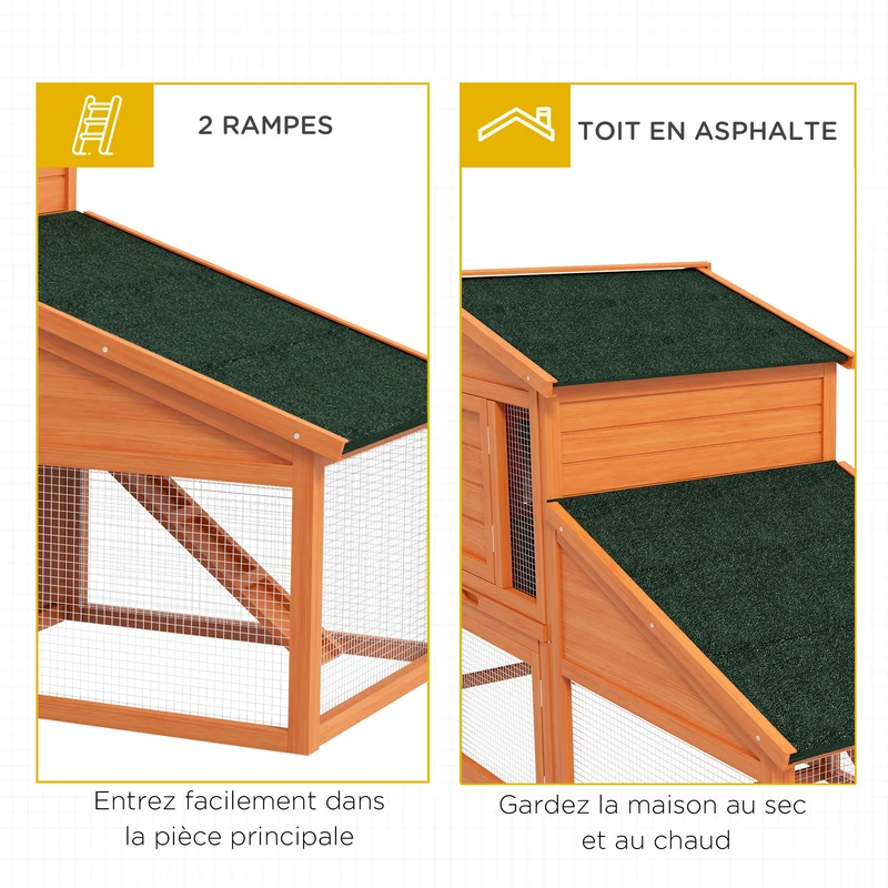 Clapier pour lapins 225 x 70 x 100 cm deux étages spacieux toit étanche rustique ambiance cosy jardin en bois orange 21_0007875