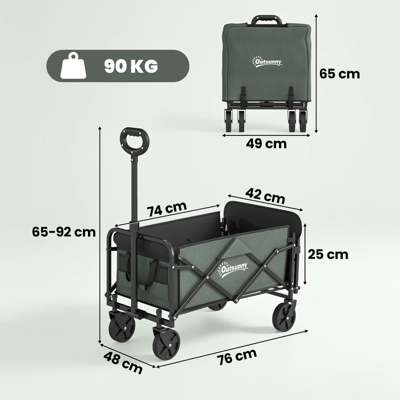 Chariot de transport pliable à roulettes 76 x 48 x 92 cm capacité 72 L poches pratiques contemporain en polyester vert 21_0005570