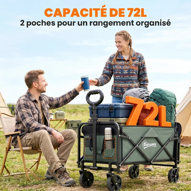Chariot de transport pliable à roulettes 76 x 48 x 92 cm capacité 72 L poches pratiques contemporain en polyester vert 21_0005570