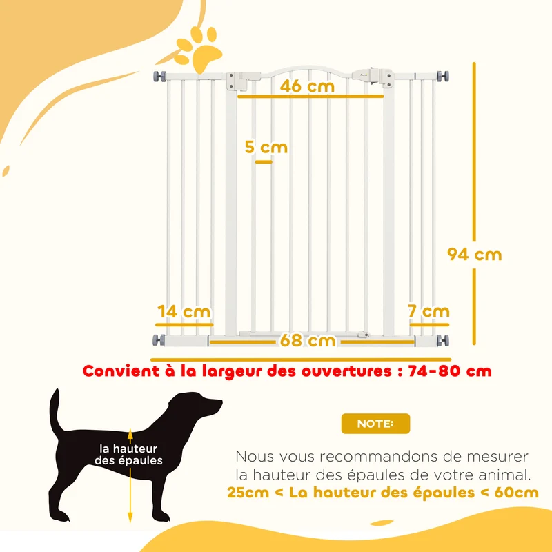 Barrière de sécurité pour chien extensible 74-100 x 94 x 3 cm fermeture automatique sécurisée moderne en métal blanc 21_0007410