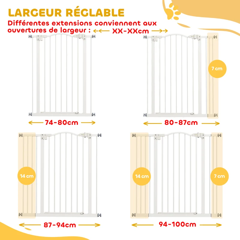 Barrière de sécurité pour chien extensible 74-100 x 94 x 3 cm fermeture automatique sécurisée moderne en métal blanc 21_0007410