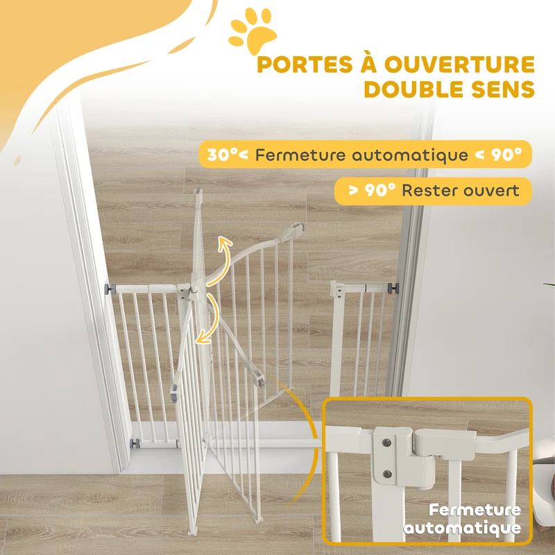 Barrière de sécurité pour chien extensible 74-100 x 94 x 3 cm fermeture automatique sécurisée moderne en métal blanc 21_0007410