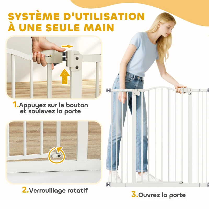 Barrière de sécurité pour chien extensible 74-100 x 94 x 3 cm fermeture automatique sécurisée moderne en métal blanc 21_0007410