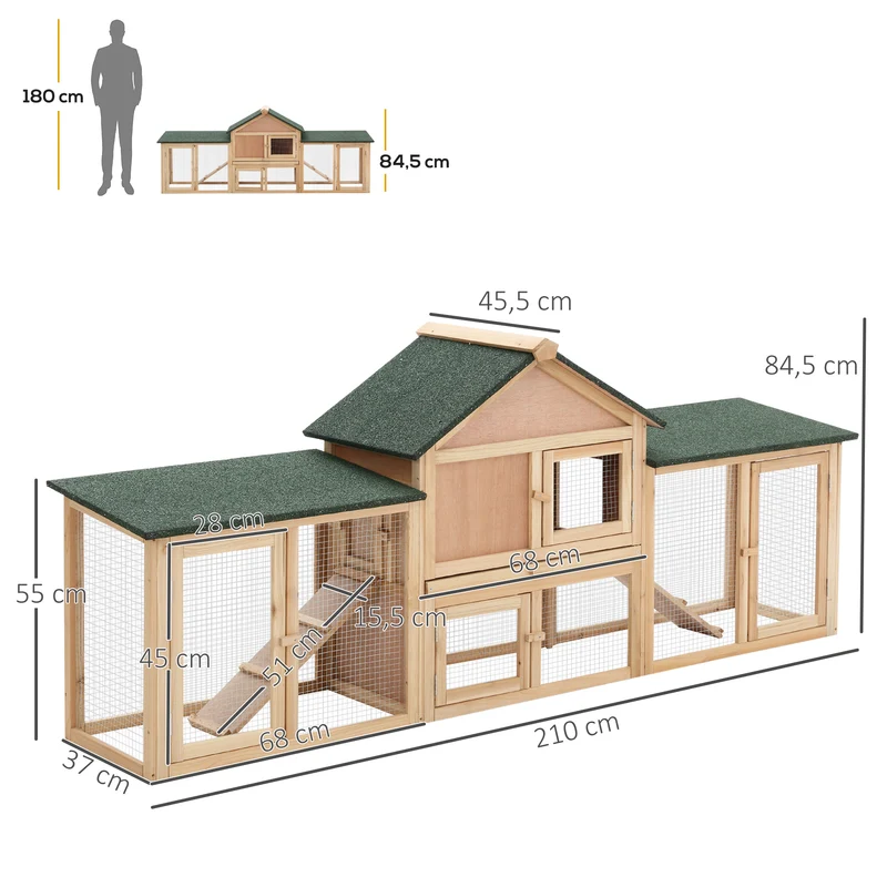 Clapier pour lapins 210 x 45,5 x 84,5 cm toit bitumé imperméable tiroir à déjection rustique jardin en bois naturel 21_0007880
