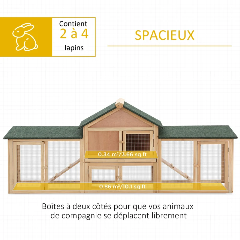 Clapier pour lapins 210 x 45,5 x 84,5 cm toit bitumé imperméable tiroir à déjection rustique jardin en bois naturel 21_0007880
