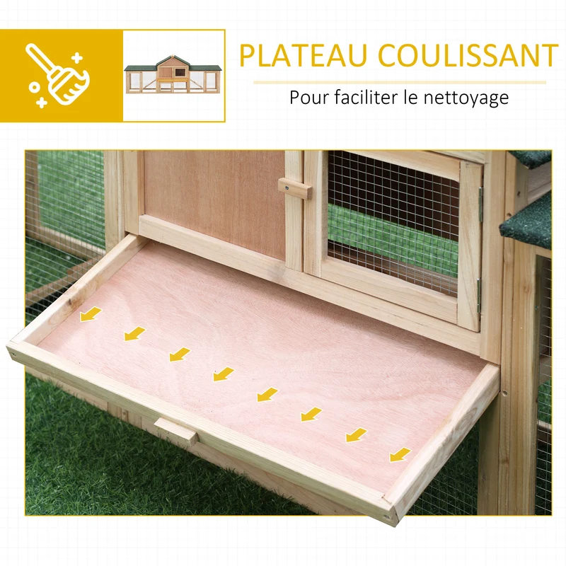 Clapier pour lapins 210 x 45,5 x 84,5 cm toit bitumé imperméable tiroir à déjection rustique jardin en bois naturel 21_0007880