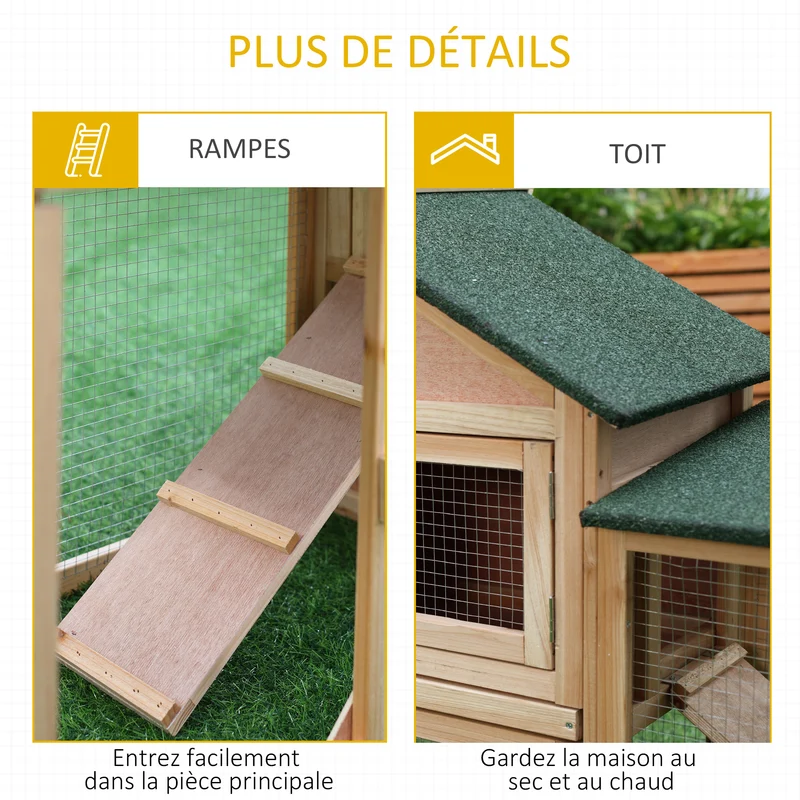 Clapier pour lapins 210 x 45,5 x 84,5 cm toit bitumé imperméable tiroir à déjection rustique jardin en bois naturel 21_0007880