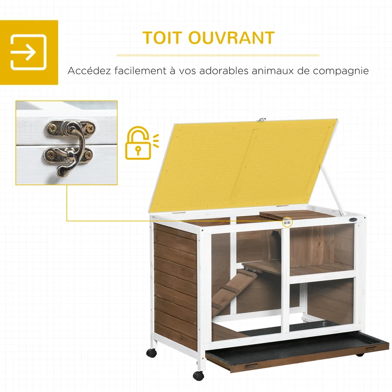 Clapier petits animaux à roulettes 91.5 x 53.3 x 73 cm double niveau toit ouvrant finition mate rustique en bois marron 21_0007889