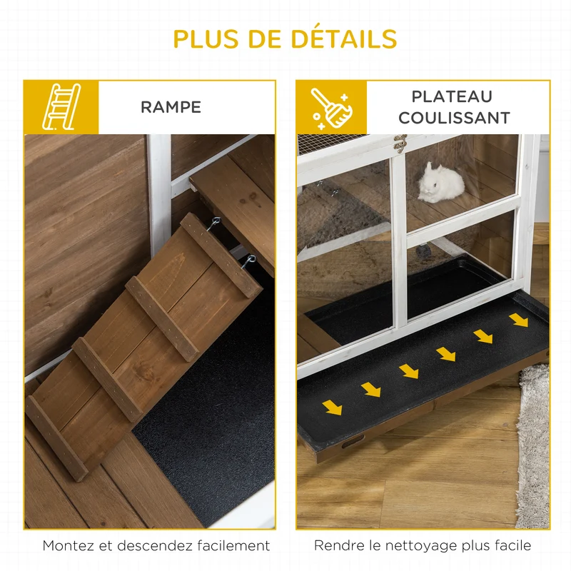 Clapier petits animaux à roulettes 91.5 x 53.3 x 73 cm double niveau toit ouvrant finition mate rustique en bois marron 21_0007889