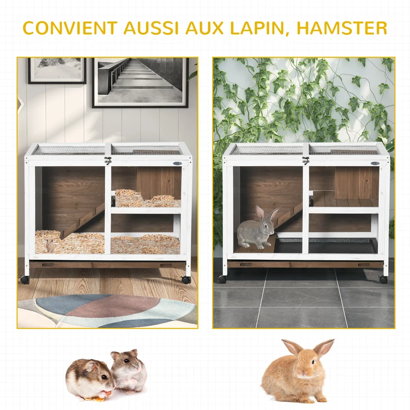 Clapier petits animaux à roulettes 91.5 x 53.3 x 73 cm double niveau toit ouvrant finition mate rustique en bois marron 21_0007889