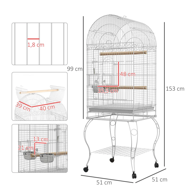 Cage à oiseaux à roulettes 51 x 51 x 153 cm plateau amovible 2 bols perchoir étagère inférieure moderne en acier blanc 21_0007561
