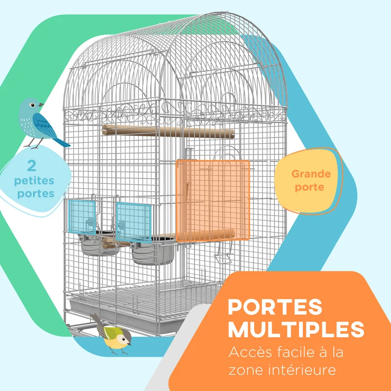 Cage à oiseaux à roulettes 51 x 51 x 153 cm plateau amovible 2 bols perchoir étagère inférieure moderne en acier blanc 21_0007561