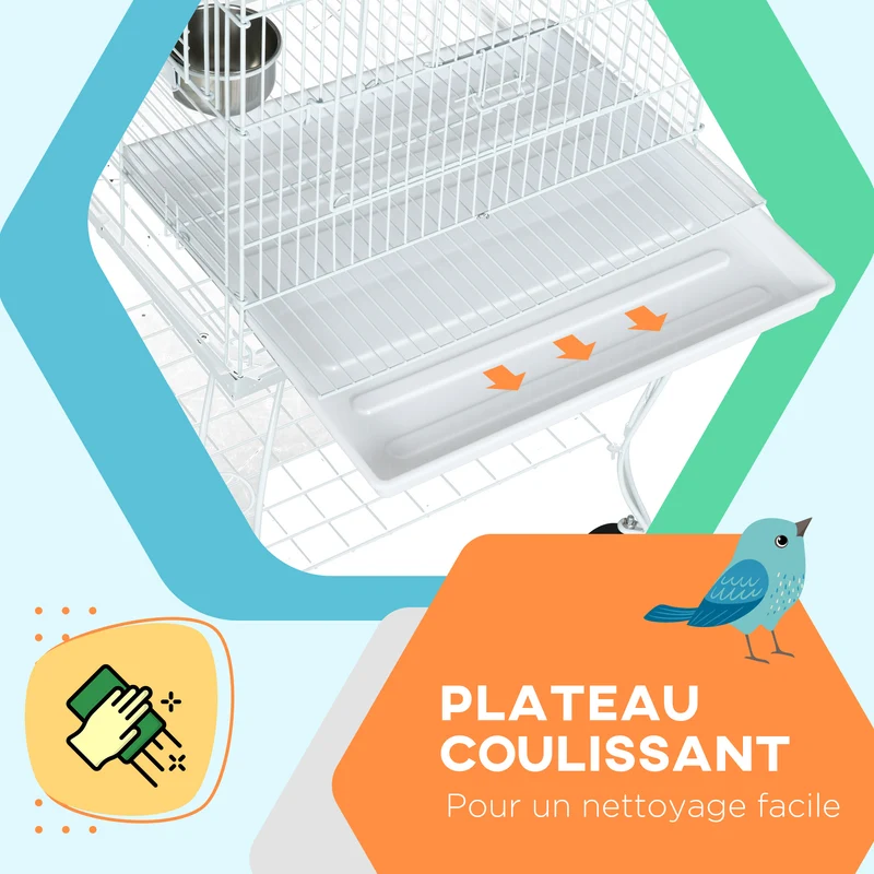 Cage à oiseaux à roulettes 51 x 51 x 153 cm plateau amovible 2 bols perchoir étagère inférieure moderne en acier blanc 21_0007561