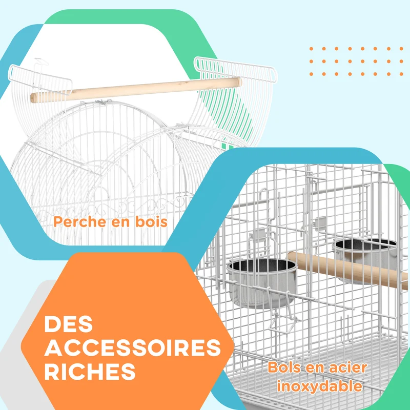 Cage à oiseaux à roulettes 51 x 51 x 153 cm plateau amovible 2 bols perchoir étagère inférieure moderne en acier blanc 21_0007561