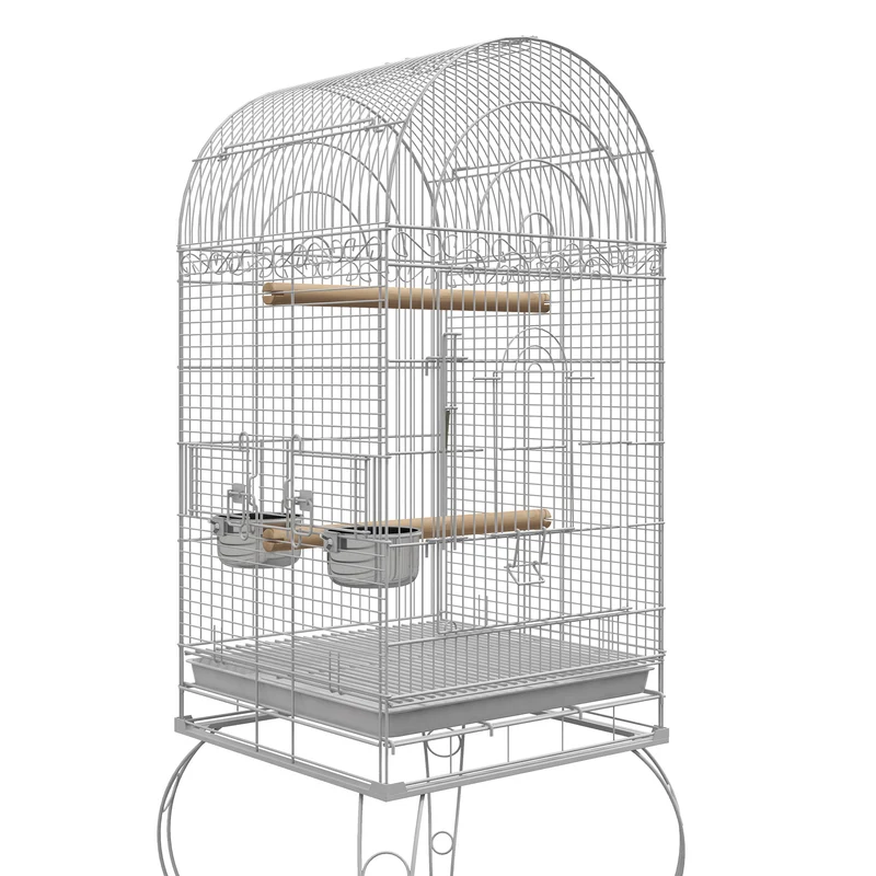 Cage à oiseaux à roulettes 51 x 51 x 153 cm plateau amovible 2 bols perchoir étagère inférieure moderne en acier blanc 21_0007561