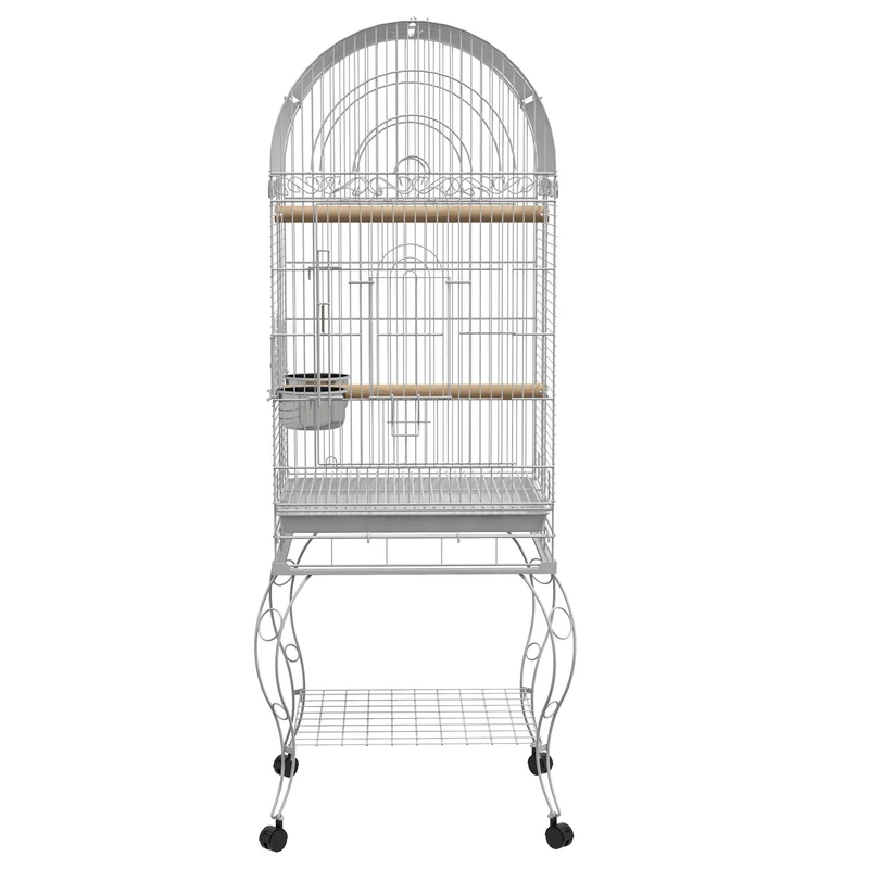 Cage à oiseaux à roulettes 51 x 51 x 153 cm plateau amovible 2 bols perchoir étagère inférieure moderne en acier blanc 21_0007561