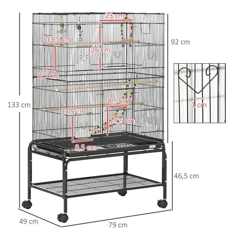 Cage à oiseaux sur support à roulettes 79 x 49 x 133 cm plateau amovible et étagère style moderne épuré en acier noir 21_0007580