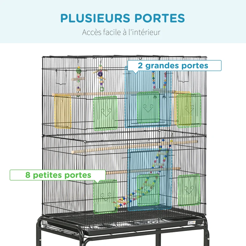 Cage à oiseaux sur support à roulettes 79 x 49 x 133 cm plateau amovible et étagère style moderne épuré en acier noir 21_0007580