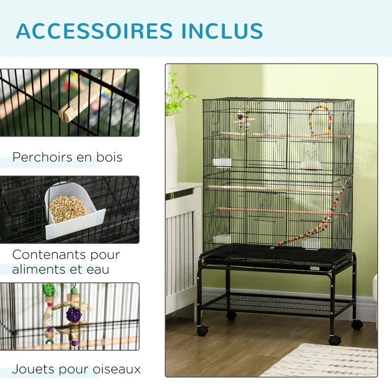 Cage à oiseaux sur support à roulettes 79 x 49 x 133 cm plateau amovible et étagère style moderne épuré en acier noir 21_0007580