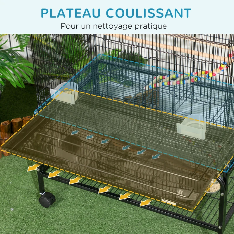 Cage à oiseaux sur support à roulettes 79 x 49 x 133 cm plateau amovible et étagère style moderne épuré en acier noir 21_0007580