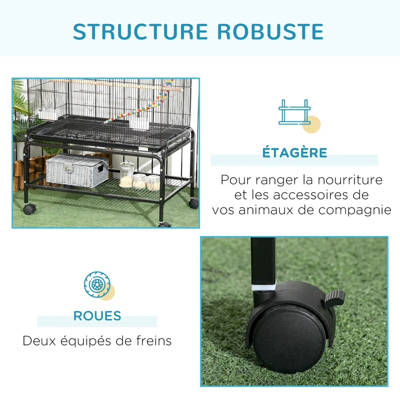 Cage à oiseaux sur support à roulettes 79 x 49 x 133 cm plateau amovible et étagère style moderne épuré en acier noir 21_0007580