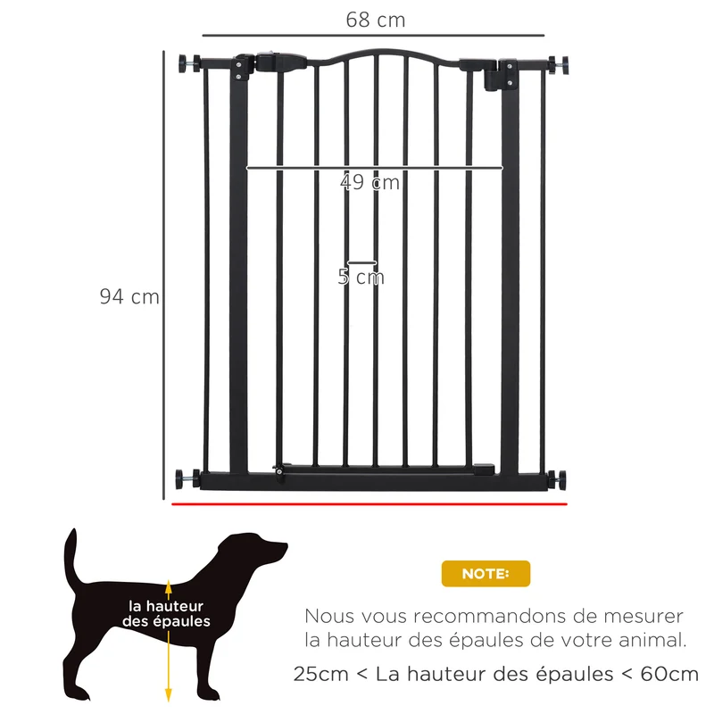 Barrière de sécurité pour chien 74-80 x 94 x 4 cm fermeture automatique double verrouillage moderne épuré en métal noir 21_0007409