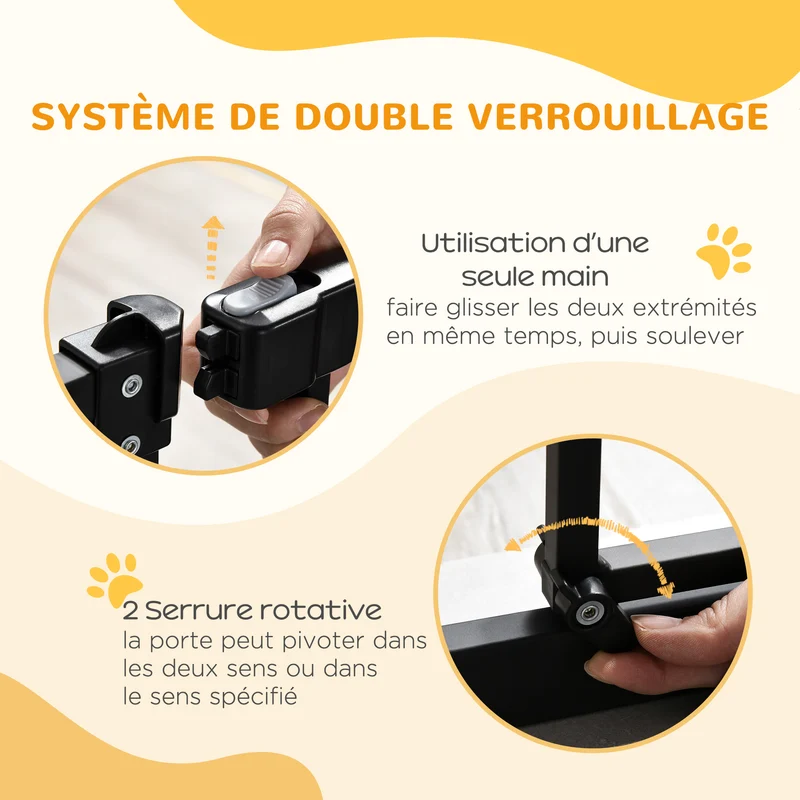Barrière de sécurité pour chien 74-80 x 94 x 4 cm fermeture automatique double verrouillage moderne épuré en métal noir 21_0007409