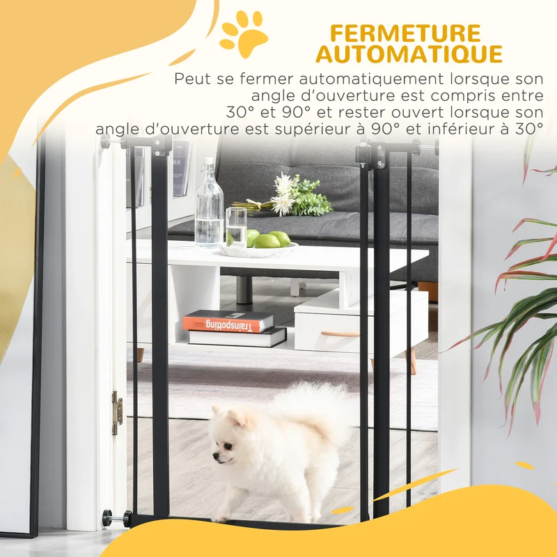 Barrière de sécurité pour chien 74-80 x 94 x 4 cm fermeture automatique double verrouillage moderne épuré en métal noir 21_0007409