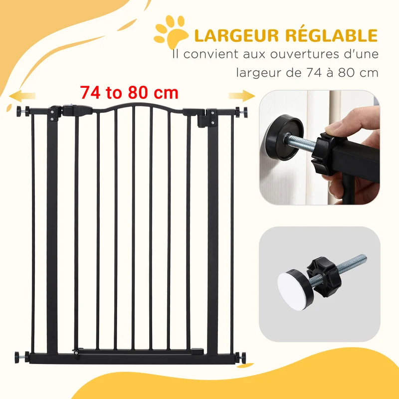 Barrière de sécurité pour chien 74-80 x 94 x 4 cm fermeture automatique double verrouillage moderne épuré en métal noir 21_0007409