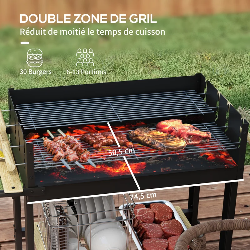 Barbecue à charbon sur pied 113 x 53,5 x 82,5 cm grilles réglables mobilité pratique style industriel en métal noir 21_0004401