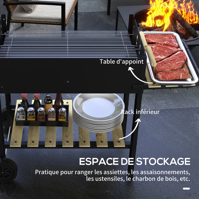 Barbecue à charbon sur pied 113 x 53,5 x 82,5 cm grilles réglables mobilité pratique style industriel en métal noir 21_0004401