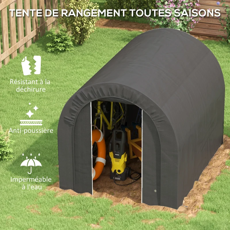 Abri de jardin rangement 239 x 180 x 190 cm protection pluie accès zippé contemporain épuré en polyéthylène gris foncé 21_0005425