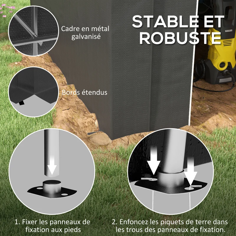 Abri de jardin rangement 239 x 180 x 190 cm protection pluie accès zippé contemporain épuré en polyéthylène gris foncé 21_0005425