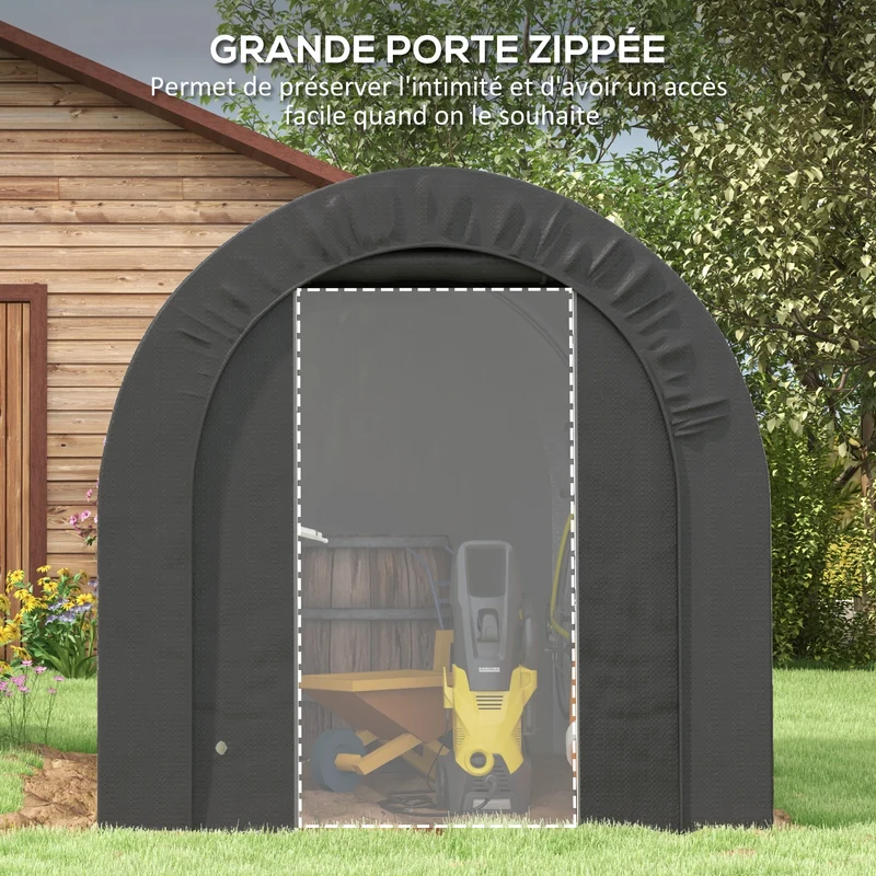 Abri de jardin rangement 239 x 180 x 190 cm protection pluie accès zippé contemporain épuré en polyéthylène gris foncé 21_0005425