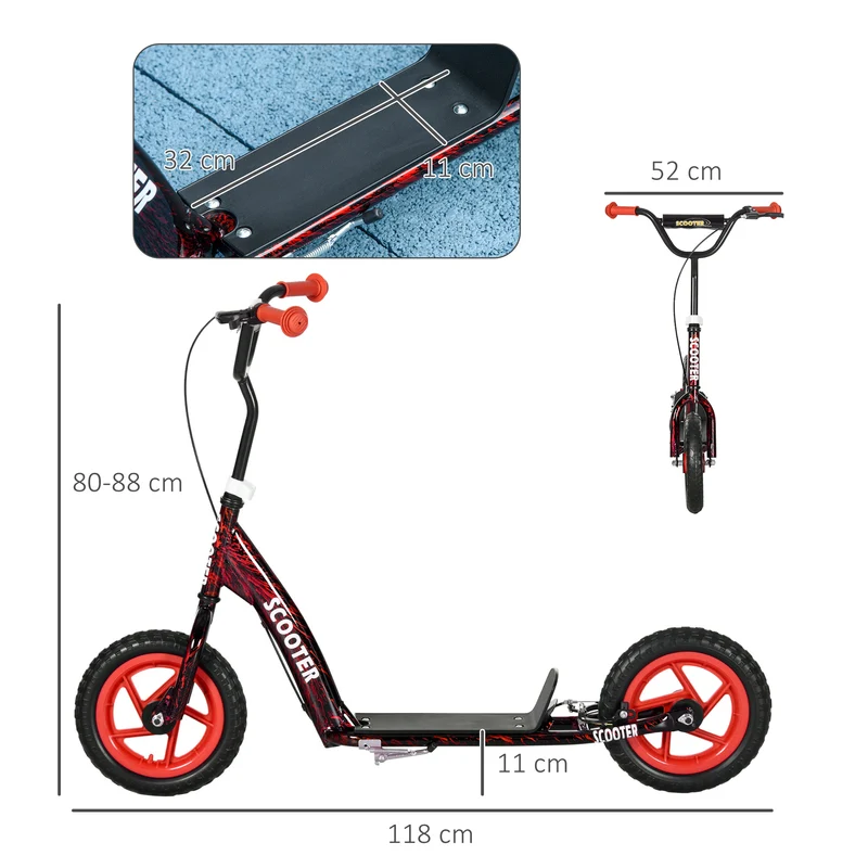 Trottinette enfant grandes roues 118 x 52 x 88 cm frein arrière plateau antidérapant sûr design moderne en acier rouge 21_0000686