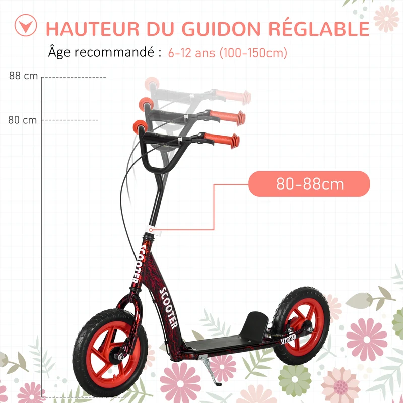 Trottinette enfant grandes roues 118 x 52 x 88 cm frein arrière plateau antidérapant sûr design moderne en acier rouge 21_0000686