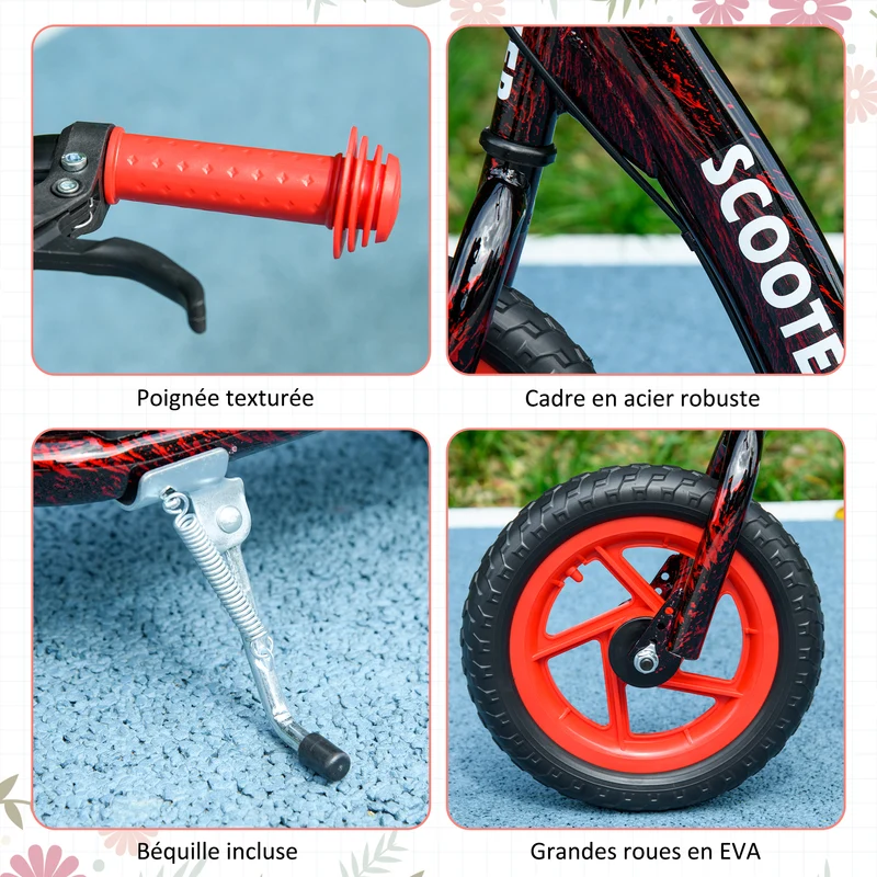 Trottinette enfant grandes roues 118 x 52 x 88 cm frein arrière plateau antidérapant sûr design moderne en acier rouge 21_0000686